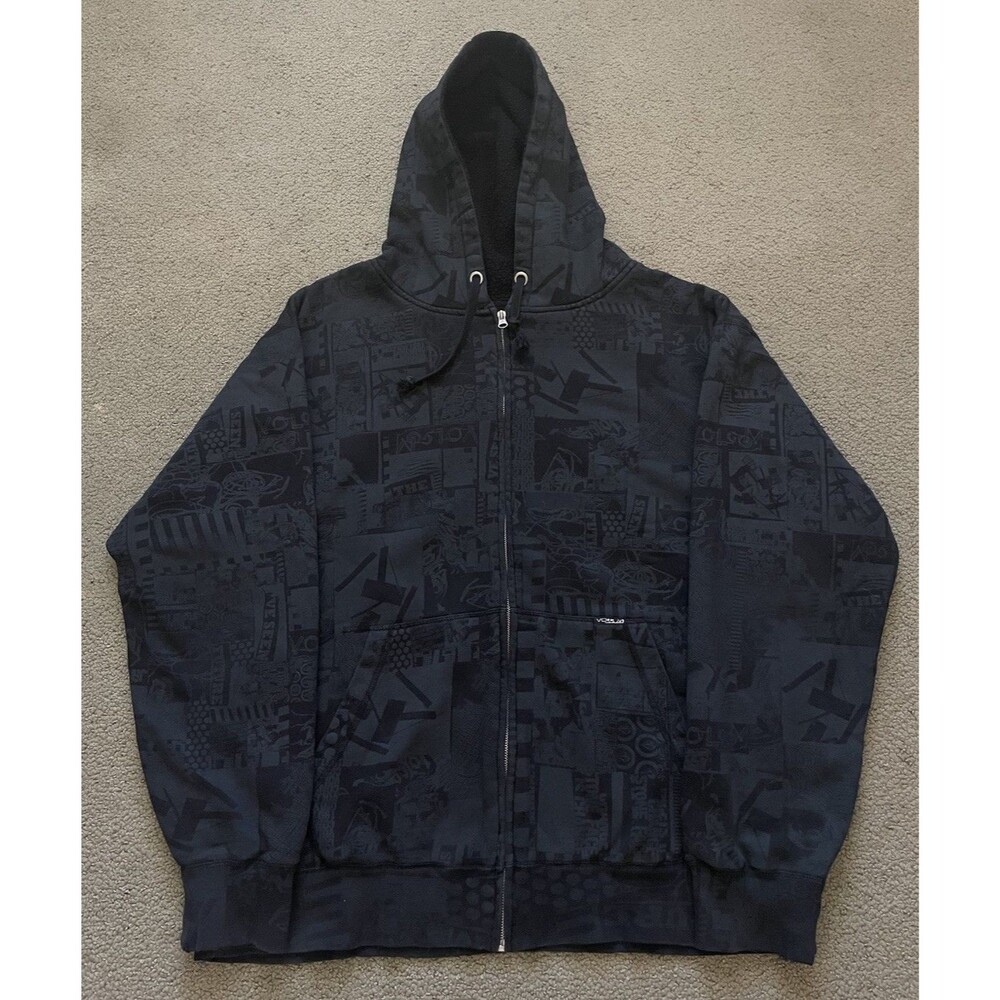 Vintage Volcom Zip Hoodie Mens XL Y2K All Over Print Sherpa Lined Skate